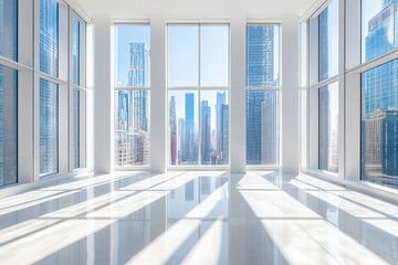 Fototapeta premium Bright Open Office Space With Panoramic City View and Abundant Natural Light Throughout the Day