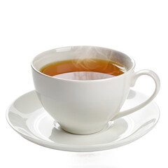 Obraz premium White porcelain teacup with steaming hot tea and golden accents