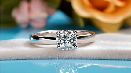 Diamond ring on satin with floral backdrop.