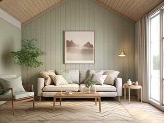 Living room interior with light sage tone shiplap wood wall panelling. Sofa with pillows and large artwork on the wall. Sage and neutral home interior