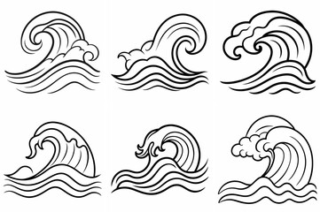 Waves Outline Coloring Book Page Line Art Drawing Set