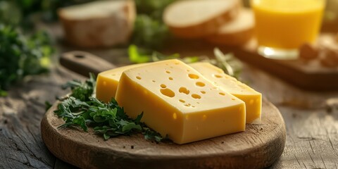 Delicious cheese slices on a wooden board with fresh herbs in a cozy setting during daylight