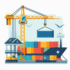 A large crane is lifting a container ship