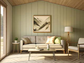 Living room interior with light sage tone wood wall panelling. Sofa with pillows and large artwork on the wall. Sage and neutral home interior