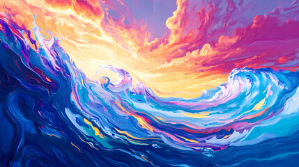 Vibrant colors swirl in a dreamlike ocean, where glittering waves create a metallic mirage, inviting exploration in a. Iridescent Mirage. Illustration