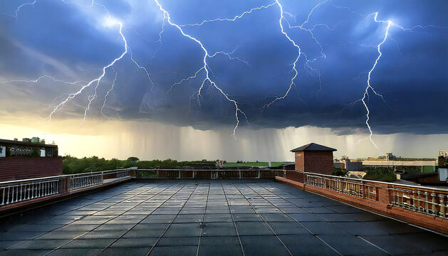 稲光が見える、雷が落ちた瞬間の空。土砂降りの雨。雨空の校舎の屋上。横幅の広い屋上。コンクリート、手すり、雨が降る空のある屋上の眺め。A sky with lightning and a thunderclap. A downpour of rain. A school rooftop under a rainy sky. A wide rooftop. A view of the rooftop 