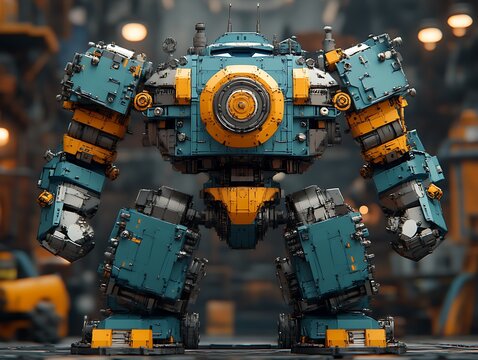 Teal and yellow robot in industrial setting.