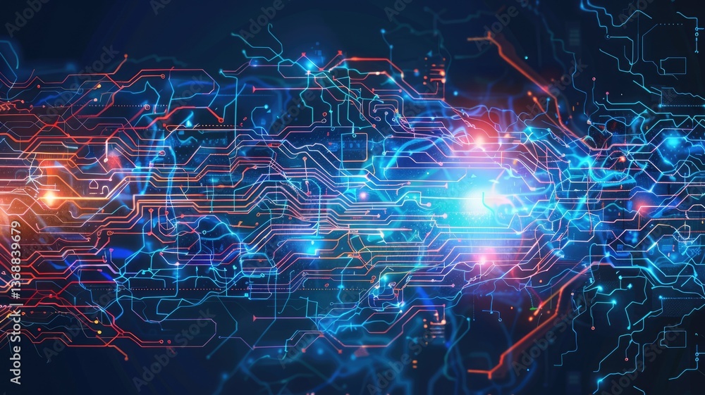 Poster this dynamic image showcases a colorful electronic circuit board design, featuring vibrant lines and