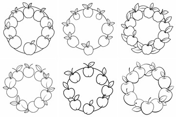 Wreath of Paradise Apples Outline Coloring Page Line Art Drawing Set