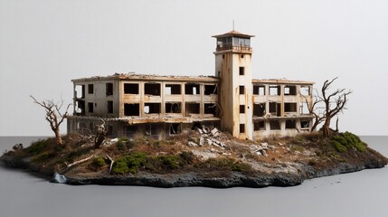 Detailed Miniature of a Dilapidated Building with Tower on Rocky Shoreline