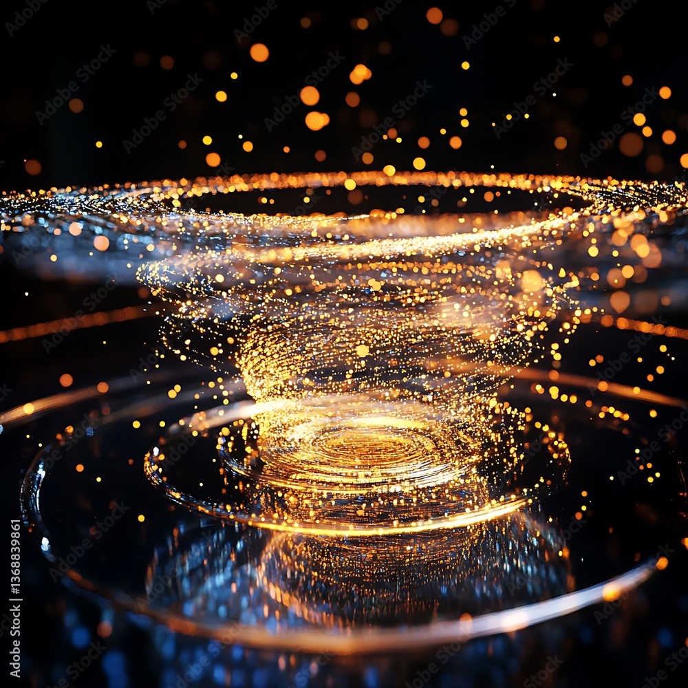 Poster abstract swirling vortex of golden particles. a mesmerizing display of light and motion. golden ligh