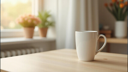 A beautifully lit, minimalist home interior scene featuring a pristine white ceramic cup placed on a clean, wooden table or counter, surrounded by plenty of negative space, with a subtle, warm glow em