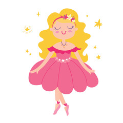 Pretty Princess With Stars. Magic Girl On A Pink Dress with stars. Vector illustration on a white background.