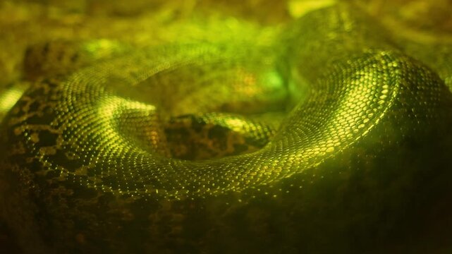 Snake skin and exotic real scales abstract texture close up slow focus shift. Natural dragon like creature pattern. Wildlife Exotic pet hobby. Shiny live snake beast scales texture.