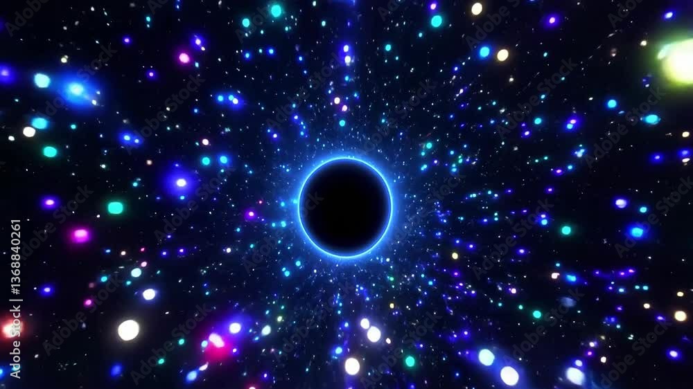 Poster a mesmerizing 3d view of a black hole surrounded by swirling vibrant particles in various colors, cr