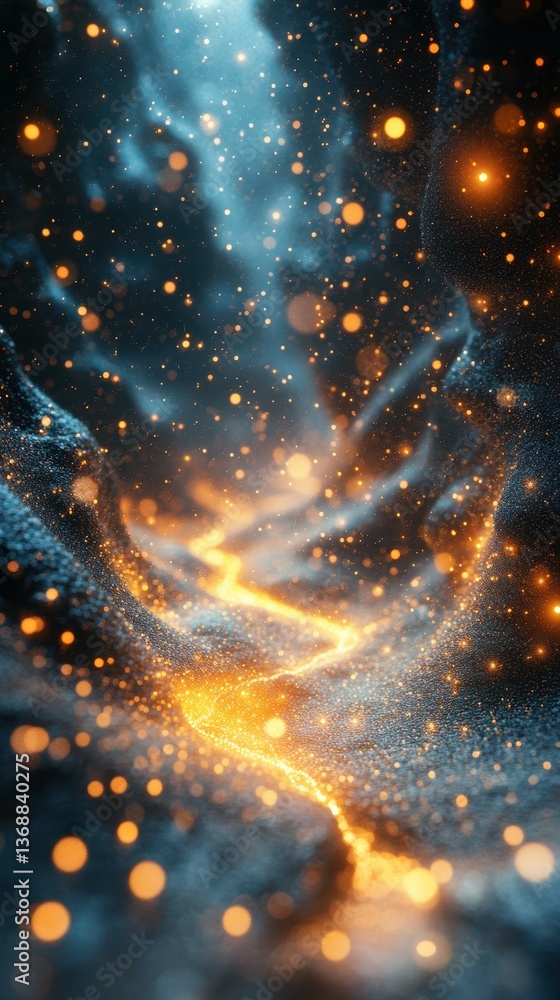 Poster vibrant glowing particles swirl through a shimmering dark space, creating an ethereal cosmic effect