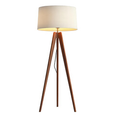 A stylish modern wooden tripod floor lamp with a neutral lampshade. This elegant lamp adds a warm, inviting light and modern touch to any space.