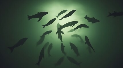 Silhouetted Fish Swim in Murky Green Water