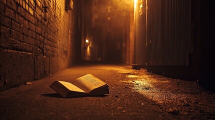 Mysterious open book in dimly lit alley with warm streetlight glow