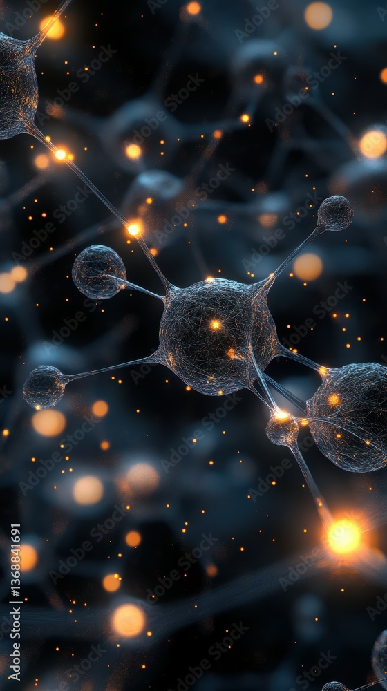Poster molecular structure with glowing particles set against a dark background showcasing interactions in 