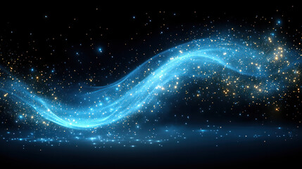 A mesmerizing, dynamic wave of shimmering blue and gold particles gracefully flows across a dark, expansive cosmic backdrop, evoking a sense of ethereal beauty and cosmic energy.