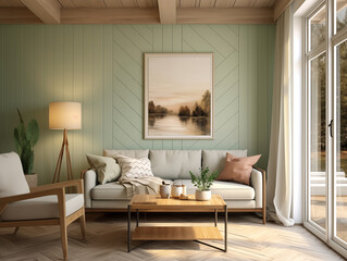 Living room interior with light sage tone  wood wall panelling and teal and bronze color interior accents. Sofa with pillows and large artwork on the wall