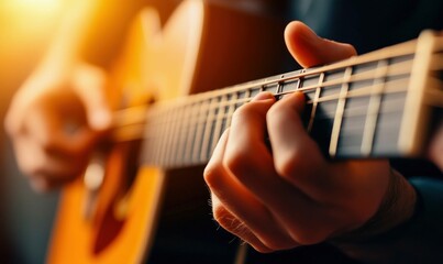 Obraz premium A musician plays chords on an acoustic guitar, displaying their skill and passion for music.