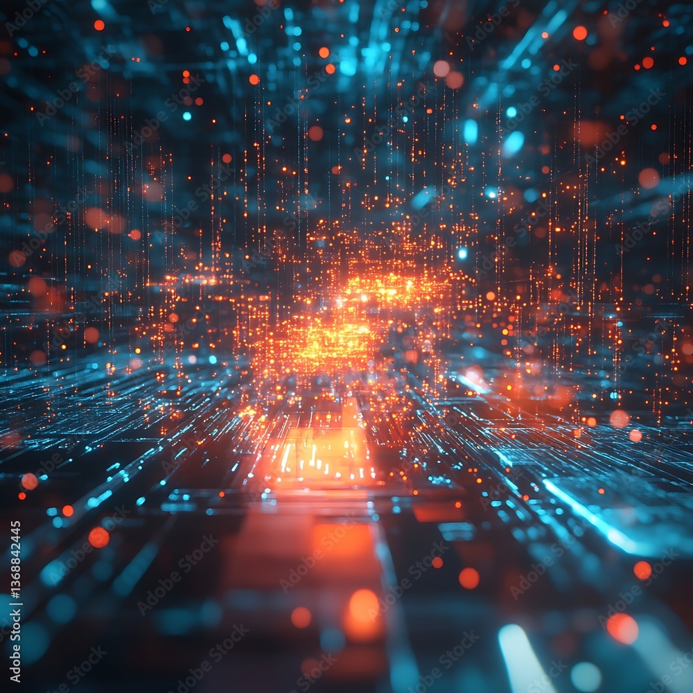 Poster abstract digital network visualization. dynamic glowing lines and points create a futuristic, interc