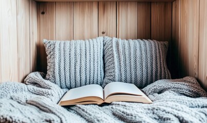 An open book invites you to a cozy reading experience in a warm, wooden niche.