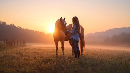 Woman gently touches horse in a grassy field at sunrise; mist present