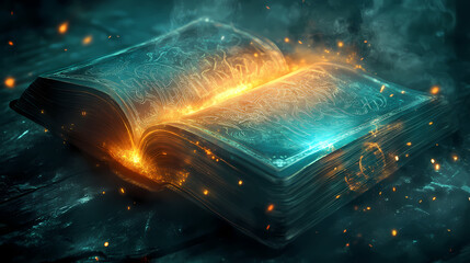 Ancient tome with mysterious symbols and glowing aura radiating from its pages on a dark, mystical background, fantasy, glowing manuscript. Eclipsed Aura. Illustration