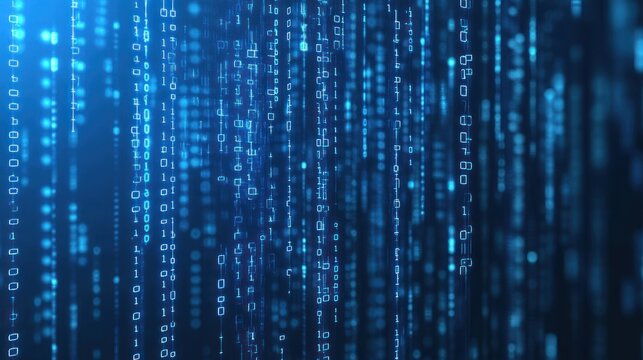 Abstract image of blue binary code cascading like rain, digital technology.