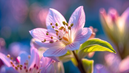 Fototapeta premium Delicate pink flower with detailed petals bathed in sunlight. Soft bokeh background