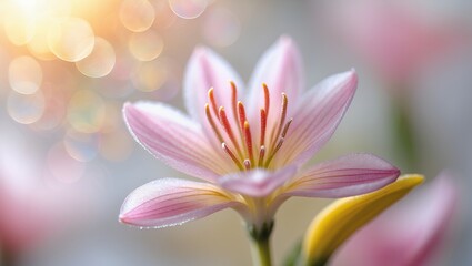 Fototapeta premium Delicate pink flower with golden bokeh and detailed stamens