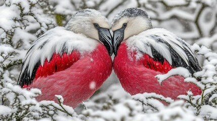Fototapeta premium Two roseate spoonbills cuddling in snowy branches