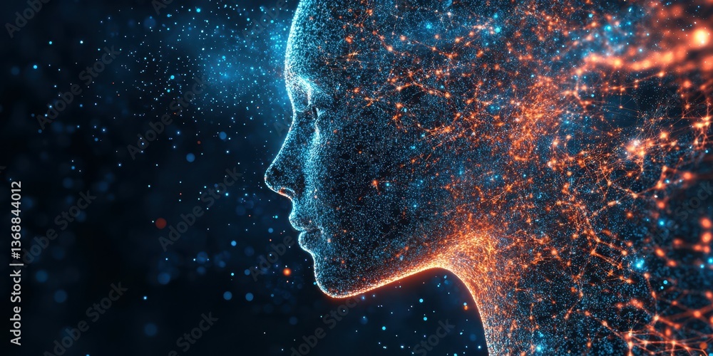 Poster digital representation of a human face composed of glowing particles in a cosmic setting