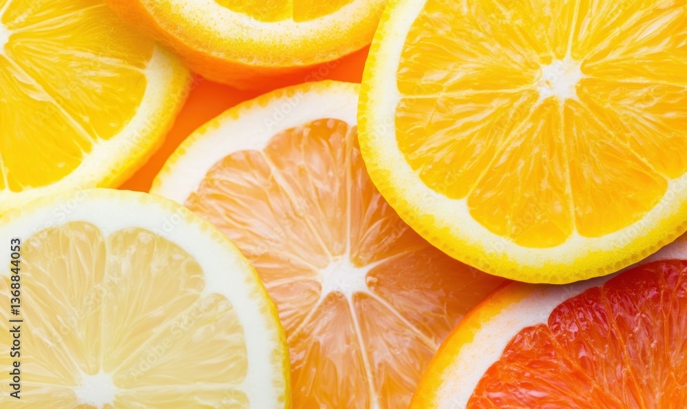 Poster a colorful citrus arrangement features lemon, orange and grapefruit slices in an overlapping design.