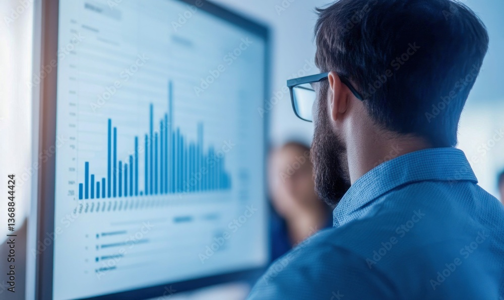 Poster a man analyzes a bar graph on a computer screen during a business meeting.
