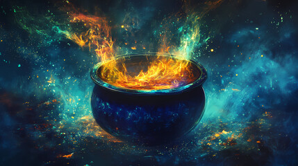 Potion of mystery: a bubbling cauldron brimming with a vibrant, ethereal potion exudes an aura of mystery and magic, capturing the imagination and sparking curiosity. Eclipsed Aura. Illustration