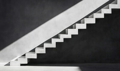 A stark white staircase ascends into the light against a dark wall, creating a minimalist scene.