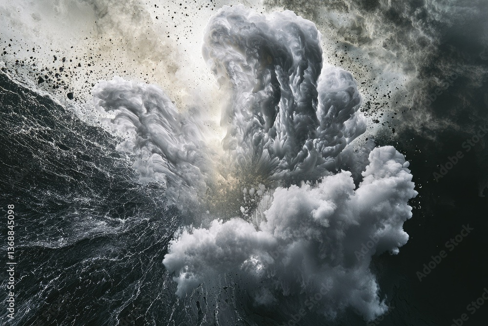 Poster a dramatic ocean view features powerful waves crashing and exploding into the sky, evoking the raw f
