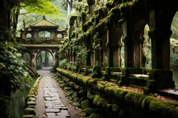 Mossy stone pathway leads to tranquil archway.