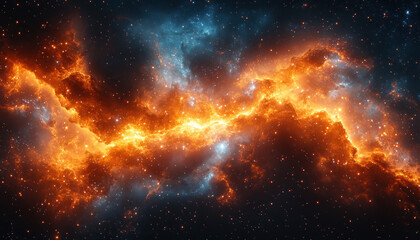 Fototapeta premium A breathtaking cosmic vista explodes with vibrant orange and gold hues, interwoven with deep blue and violet nebulous clouds