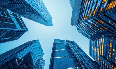 Looking up at modern blue skyscrapers in a bustling urban financial district against a pale sky.