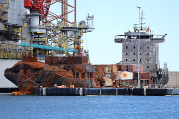 Fire damaged cargo vessel Aberdeen.Cargo ship involved in crash with an oil tanker in the North Sea