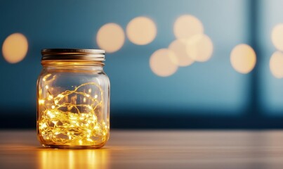 A glass jar filled with warm fairy lights creates a cozy, romantic ambiance on a wooden table.