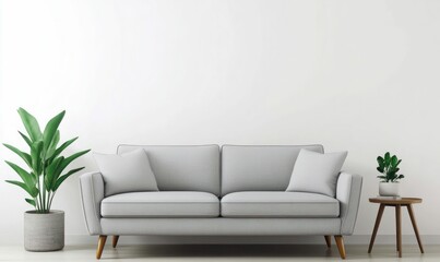 Bright interior features a comfortable gray couch accented by vibrant plants and a clean white wall.
