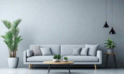 A stylish living room boasts a gray couch, lush plants, and sleek black pendant lights against a gray wall.
