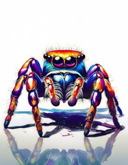 Jumping spider with vibrant hues and detailed features, rendered in a digital art style against a clean white background