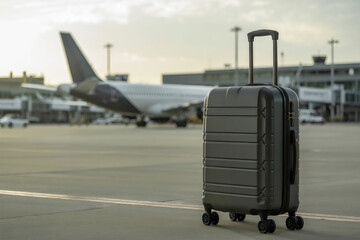 modern suitcase positioned prominently in the foreground on an airport tarmac. The suitcase is a hard-shell type with a matte black finish and horizontal ridges, equipped with four spinner wheels 